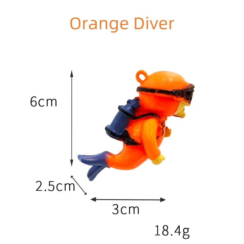 Orange diver aquarium decor showing 6cm height and 3cm length floating blue diver aquarium decor alternative