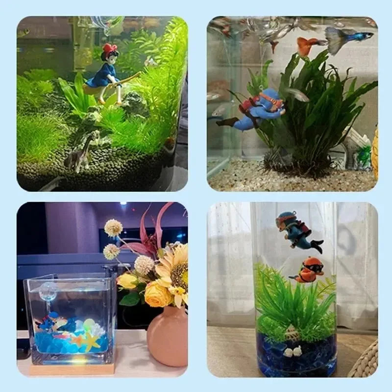 Snugll floating blue diver aquarium decor shown in different aquariums with plants and fish