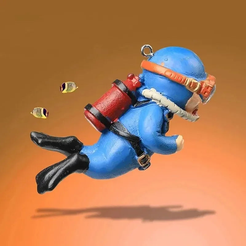 Snugll floating blue diver aquarium decor with red oxygen tank and black fins for fish tanks