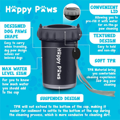Happy Paws pet paw cleaner cup with textured design and convenient lid for easy on-the-go dog paw cleaning