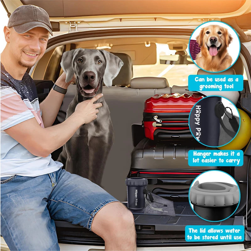 Man sitting by a dog near car trunk with pet paw cleaner cup for easy paw cleaning on the go