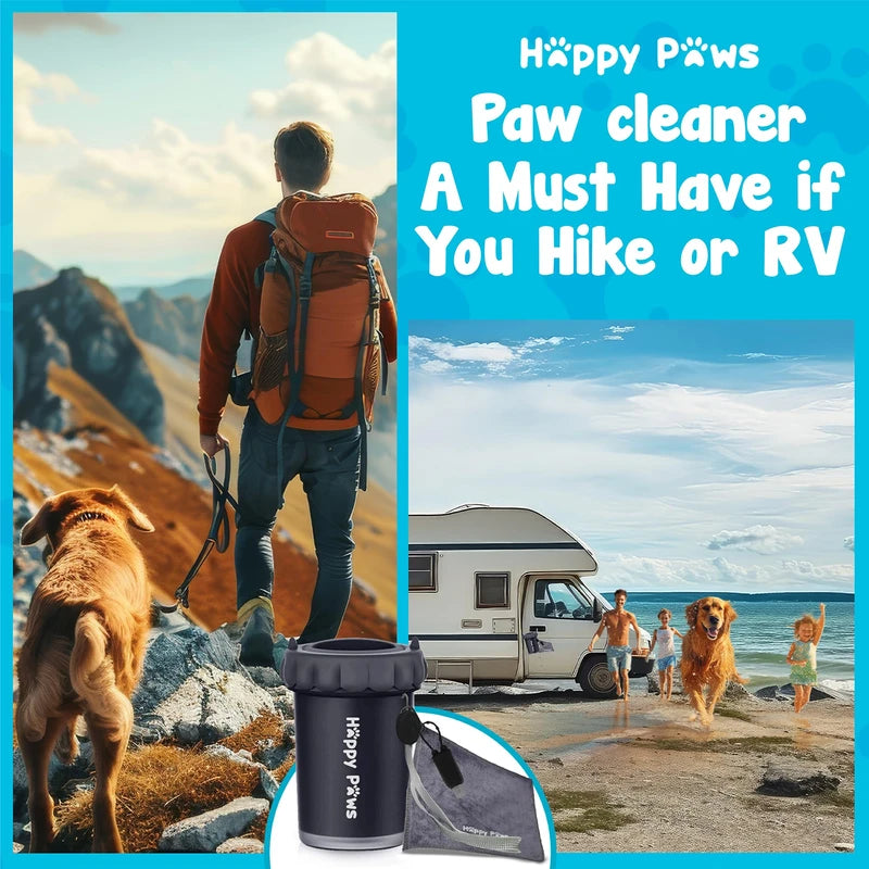 Happy Paws pet paw cleaner cup with hiking dog and family camping by RV on the beach