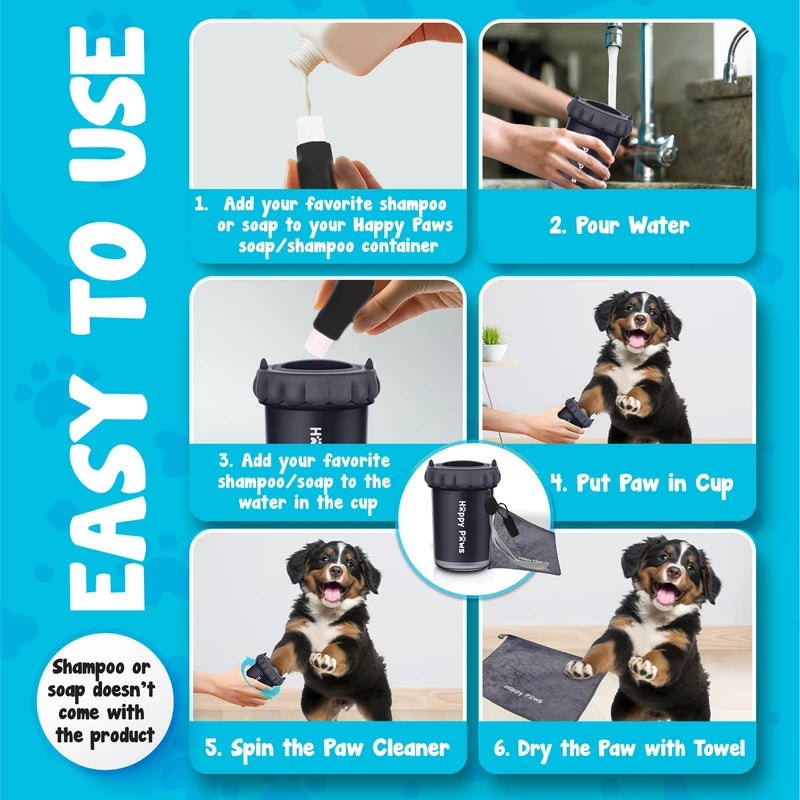 Pet paw cleaner cup with steps showing adding shampoo, pouring water, placing paw, spinning cleaner, and drying paw