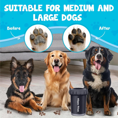 Pet paw cleaner cup with before and after paw cleaning images and three happy medium and large dogs
