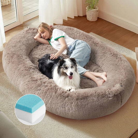 Human size dog bed with storage in beige featuring plush cushioning for pets and adults