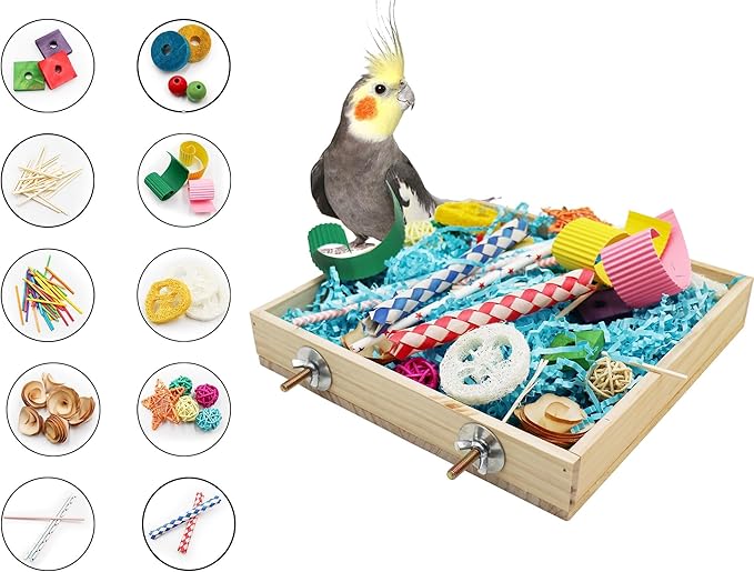 Parrot chew toys box with colorful wooden and paper toys for bird enrichment