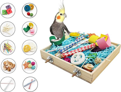 Parrot chew toys box with colorful wooden and paper toys for bird enrichment