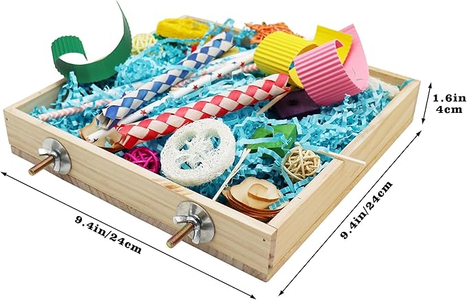 Parrot chew toys box with colorful natural wood and paper toys in a wooden tray