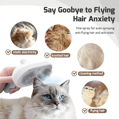Pet grooming tool with steam used on fluffy cat to reduce flying hair and static electricity