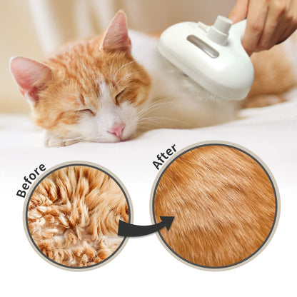 Pet grooming tool with steam used on a relaxed orange and white cat showing before and after fur smoothing results