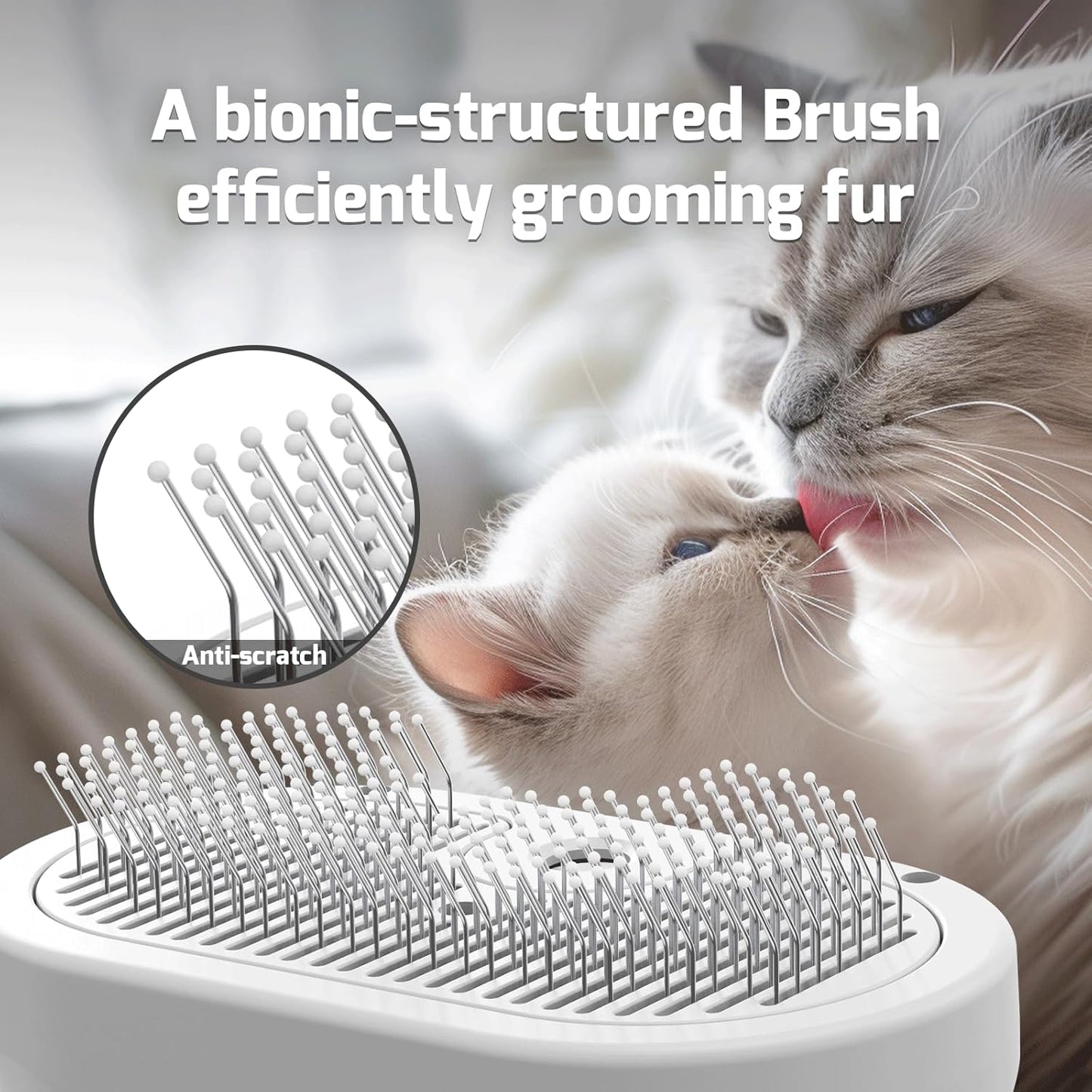 Pet grooming tool with steam featuring a bionic-structured brush with anti-scratch tips grooming cat fur