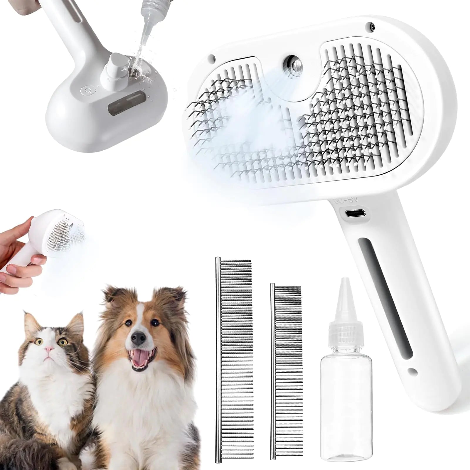 White pet grooming tool with steam and metal bristles alongside combs, grooming bottle, and pets