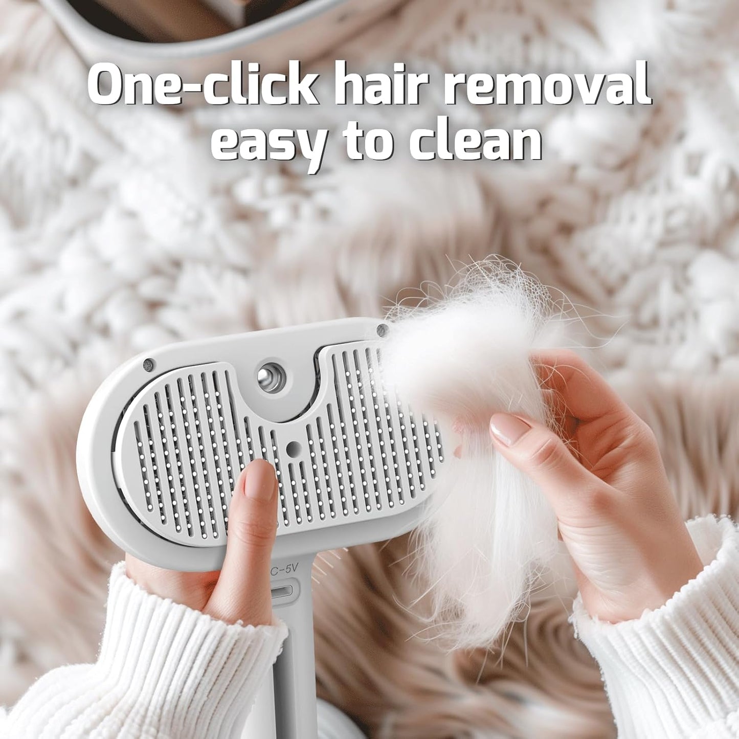 Pet grooming tool with steam being cleaned with one-click hair removal for easy maintenance