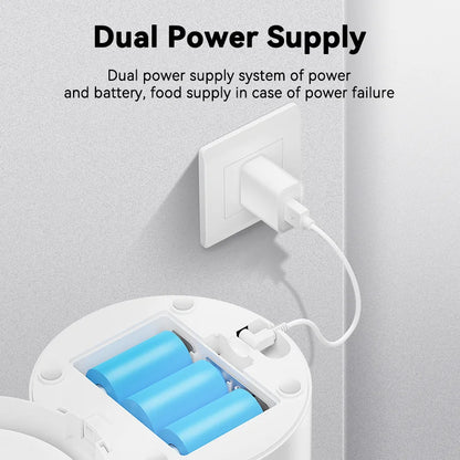 Snugll automatic dog feeder with camera showing dual power supply system with batteries and power adapter