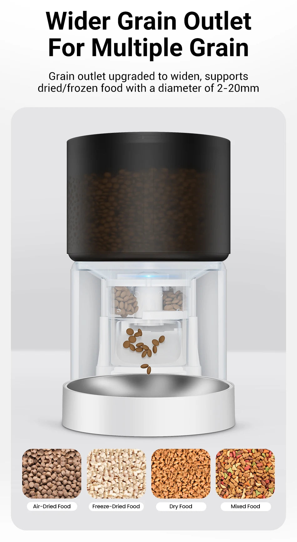 Snugll automatic dog feeder with camera featuring a wider grain outlet for multiple types of dog food