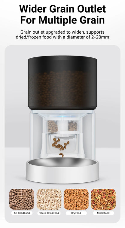 Snugll automatic dog feeder with camera featuring a wider grain outlet for multiple types of dog food