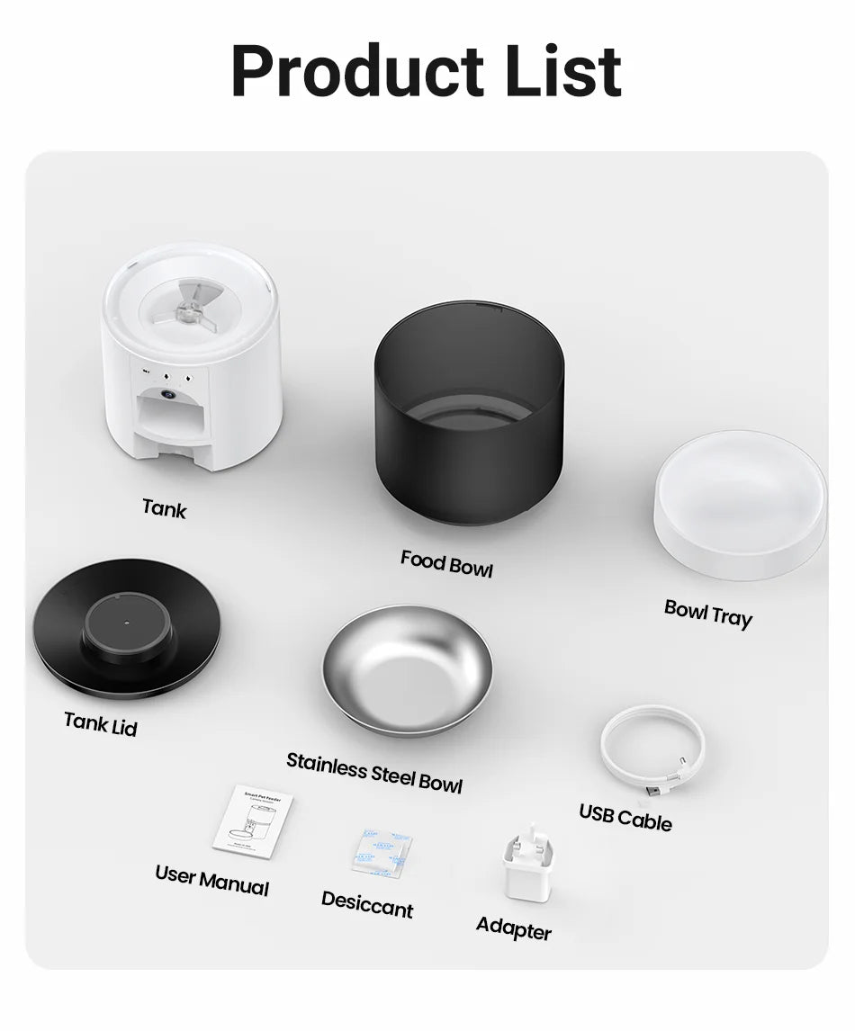 Snugll automatic dog feeder with camera parts including tank food bowl bowl tray and accessories