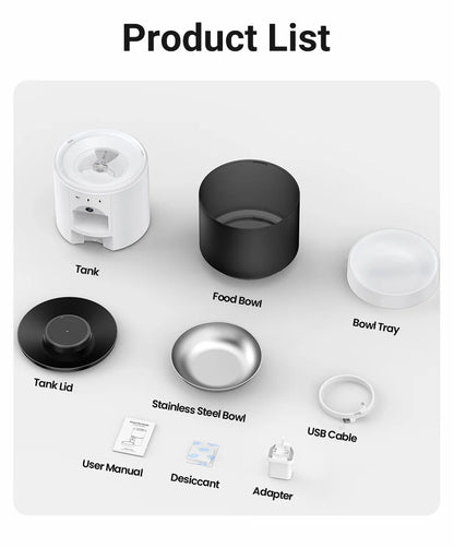 Snugll automatic dog feeder with camera parts including tank food bowl bowl tray and accessories