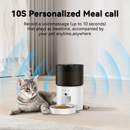 Snugll automatic dog feeder with camera beside a cat and food bowl in a living room setting