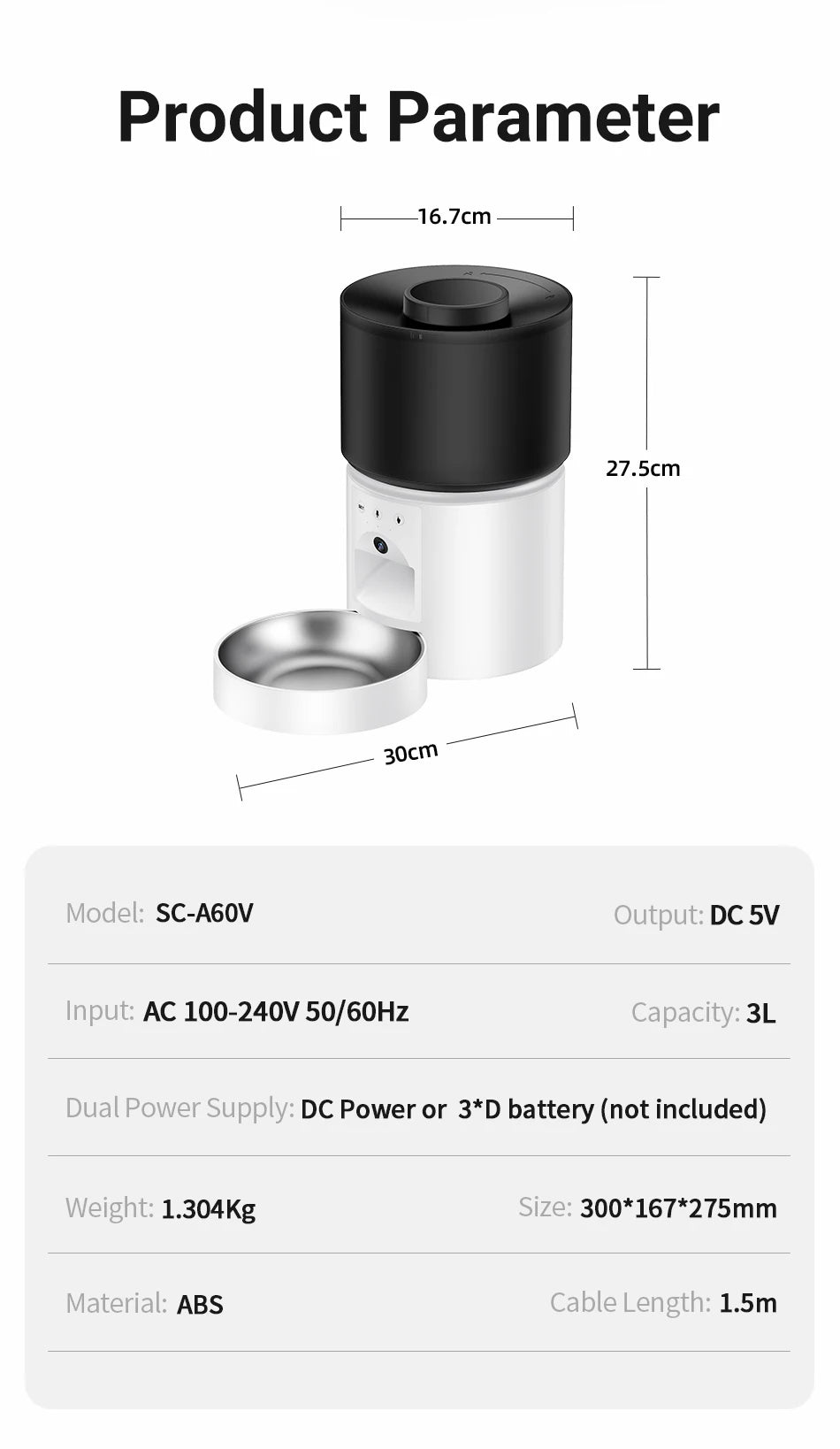 Snugll automatic dog feeder with camera in black and white with 3 liter capacity and stainless steel bowl