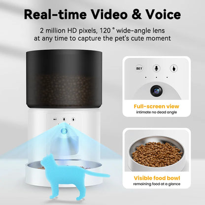 Snugll automatic dog feeder with camera showing real-time video and voice with wide-angle lens and visible food bowl
