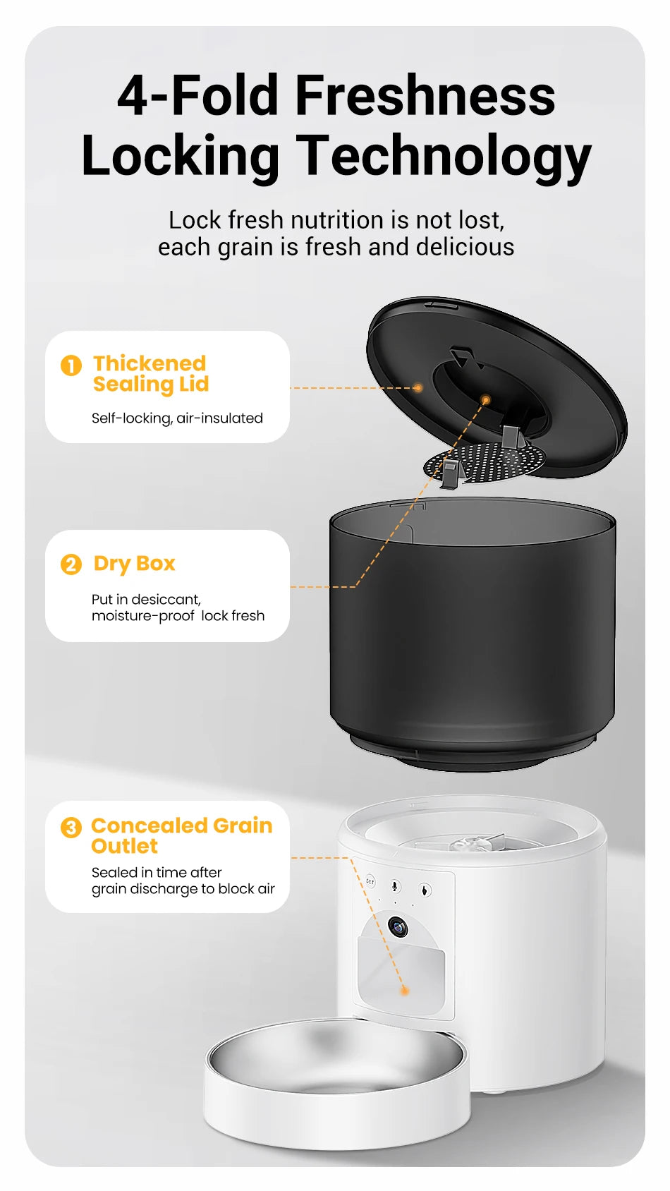 Snugll automatic dog feeder with camera showing 4-fold freshness locking technology with sealed lid and dry box