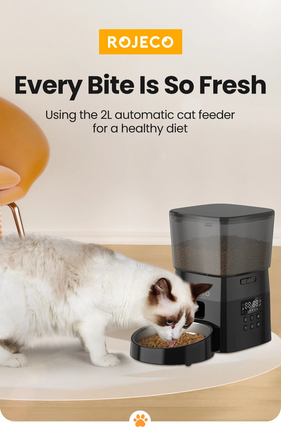 Snugll timed dog feeder with portion control shown next to a cat eating from the bowl
