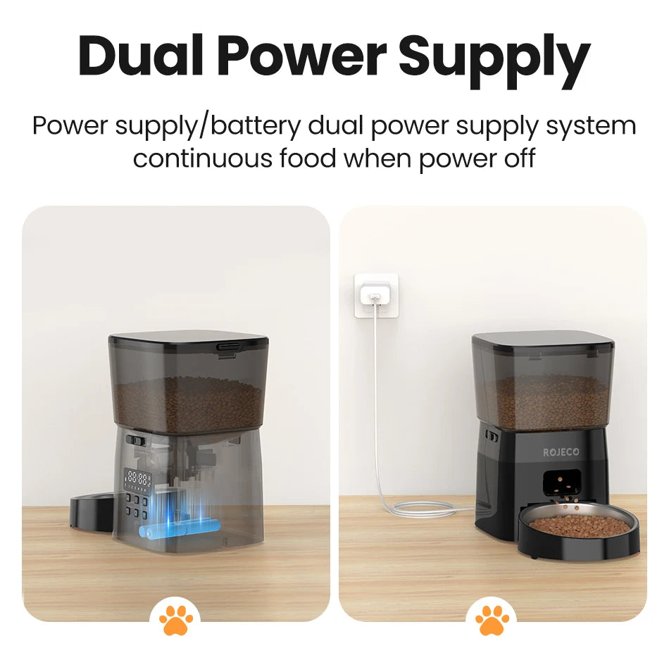 Snugll timed dog feeder with portion control showing dual power supply with battery and plug-in options