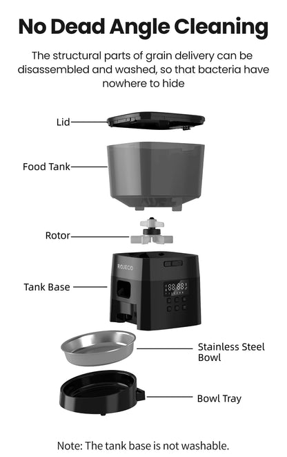 Snugll timed dog feeder with portion control showing exploded view of lid food tank rotor tank base stainless steel bowl and bowl tray