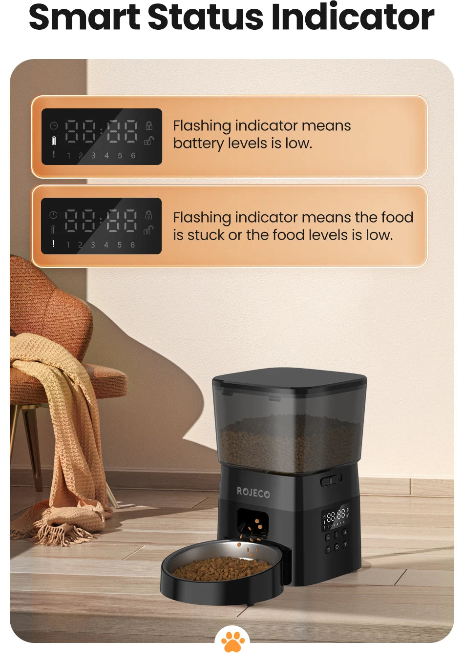 Snugll timed dog feeder with portion control in black showing smart status indicator for battery and food levels