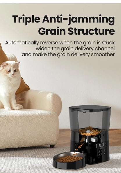 Snugll timed dog feeder with portion control showing anti-jamming grain structure dispensing dry dog food