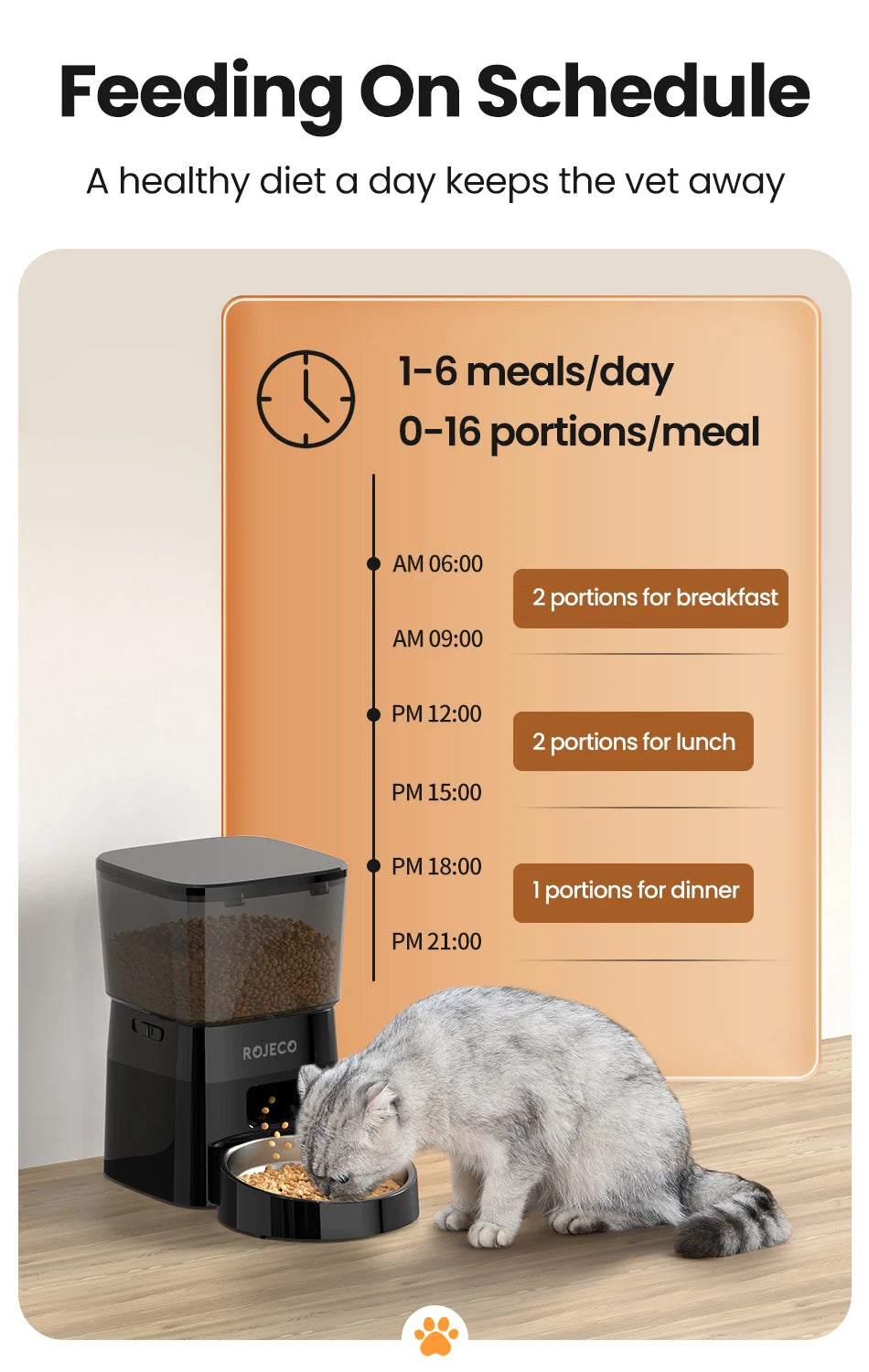 Snugll timed dog feeder with portion control displaying scheduled meals and a cat eating from the feeder