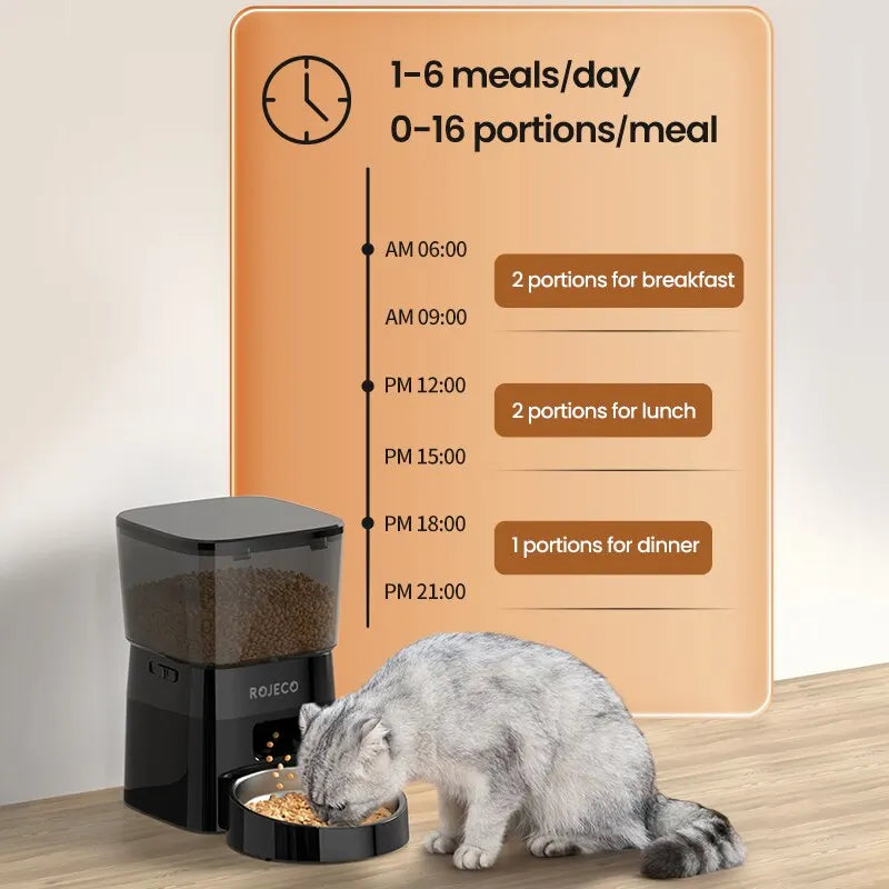 Snugll timed dog feeder with portion control showing 1-6 meals per day and a cat eating nearby