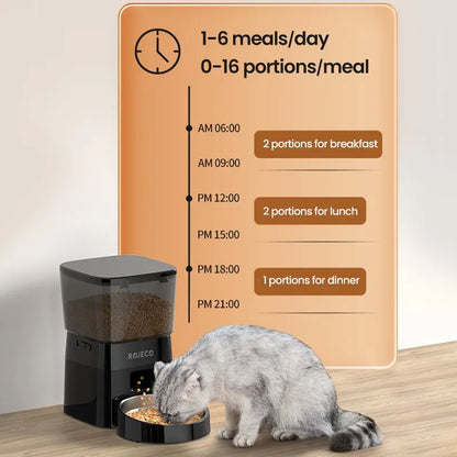 Snugll timed dog feeder with portion control showing 1-6 meals per day and a cat eating nearby