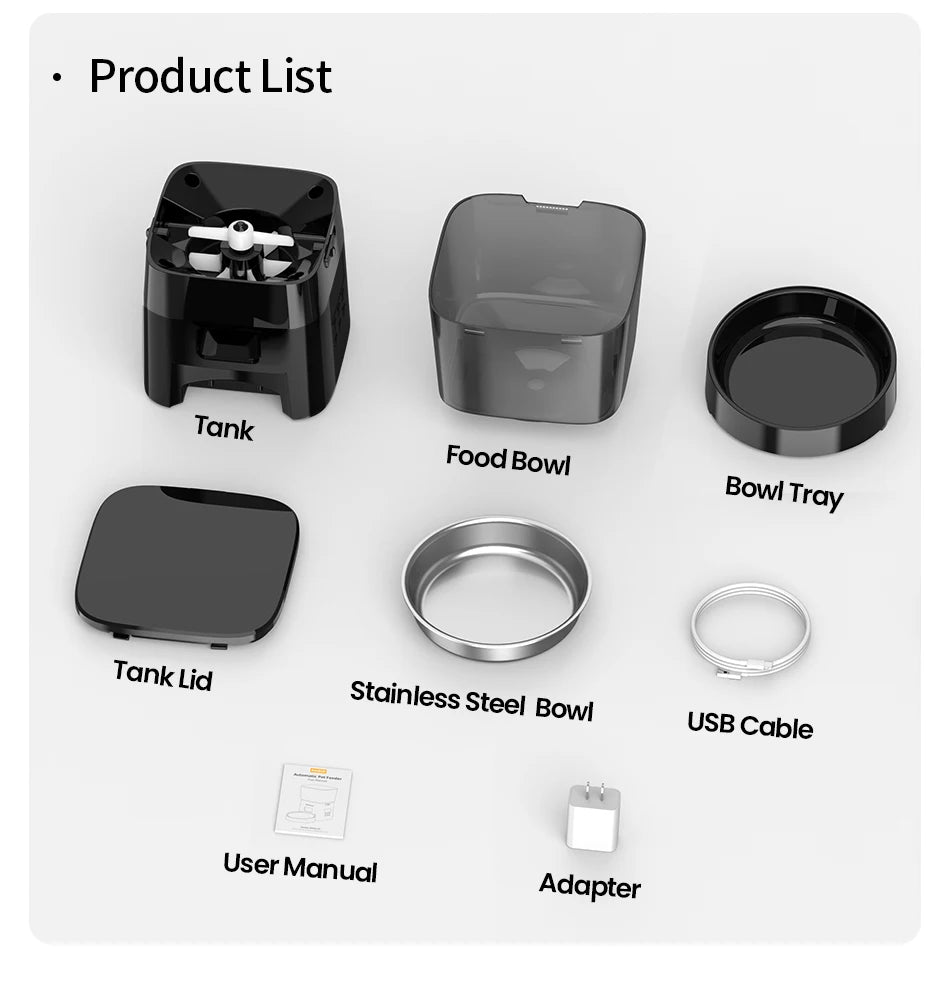 Snugll timed dog feeder with portion control components including tank, food bowl, bowl tray, tank lid, stainless steel bowl, USB cable, user manual, and adapter