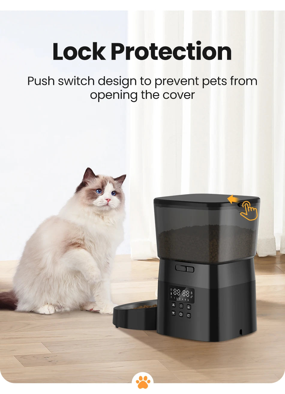 Snugll timed dog feeder with portion control featuring lock protection and push switch design to prevent pets from opening cover