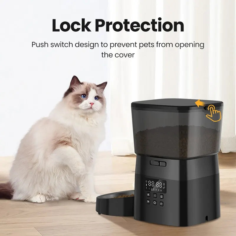 Snugll timed dog feeder with portion control in black featuring lock protection and push switch design