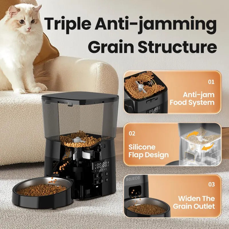 Snugll timed dog feeder with portion control featuring triple anti-jamming grain structure and silicone flap design