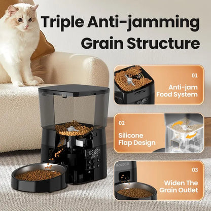 Snugll timed dog feeder with portion control featuring triple anti-jamming grain structure and silicone flap design
