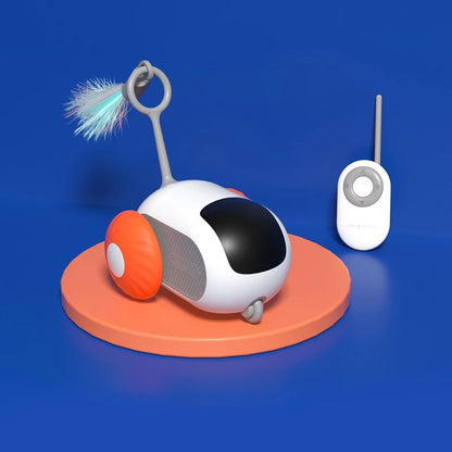 Snugll pets remote controlled pet toy for cats with orange wheels and feather attachment on blue background