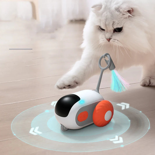 White cat playing with a remote controlled pet toy for cats with colorful feather and orange wheels
