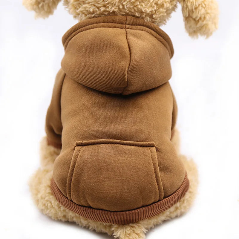Brown cute pet hoodie for puppies on a small dog showing back view with hood and pocket