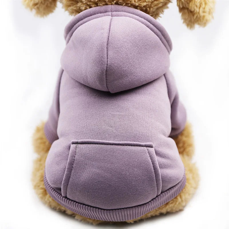 Cute pet hoodie for puppies in lavender purple soft fabric on small dog back