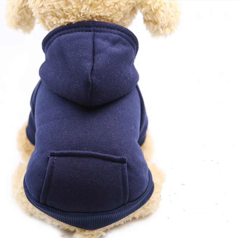 Cute pet hoodie for puppies in navy blue soft fabric on a small dog with a back pocket