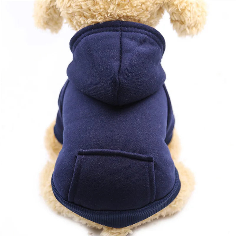 Cute pet hoodie for puppies in navy blue with a small back pocket and cozy hood