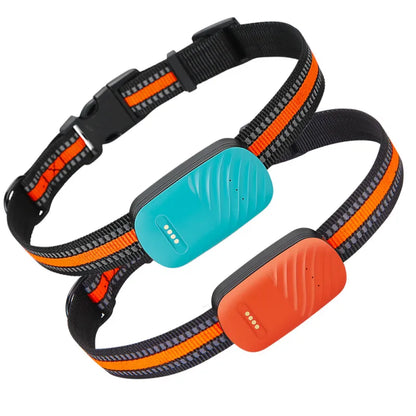 Snugll waterproof GPS pet tracker collars with black and orange adjustable straps in blue and red