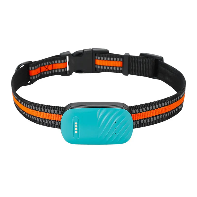 Snugll waterproof GPS pet tracker with teal device and black orange adjustable strap collar
