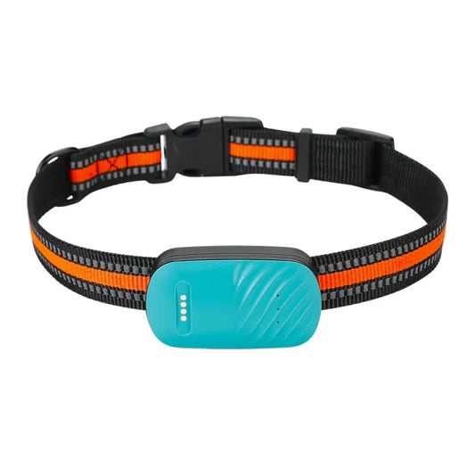 Snugll waterproof GPS pet tracker with teal device and black orange adjustable strap collar